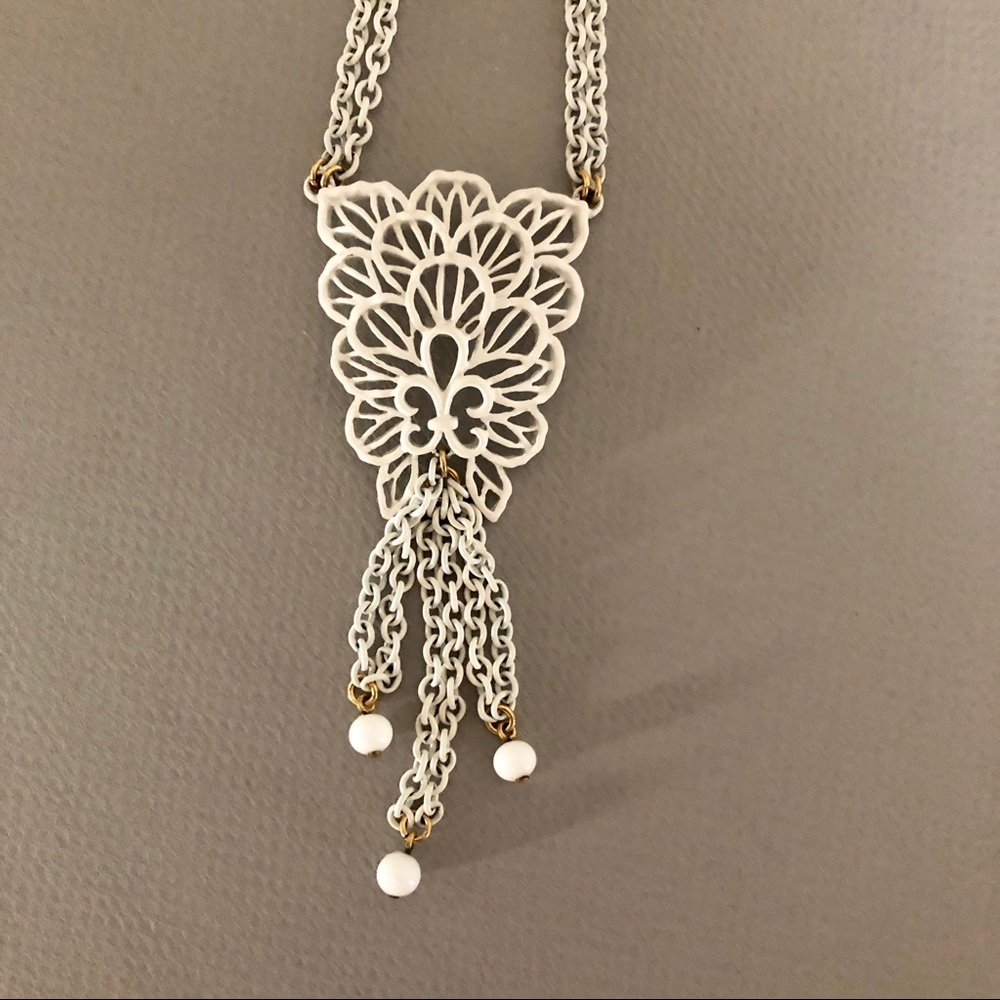 Crown Trifari white enamel dangle necklace